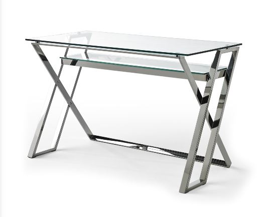 Mesa escritorio en cristal con bandeja y estructura de inox en medidas 120x60x78 cm.