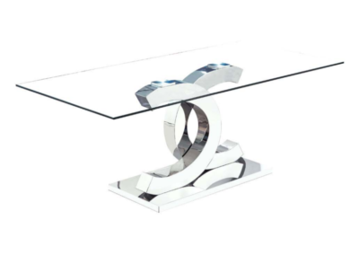 Mesa de centro en cristal con base y peana hecha en acero inoxidable con acabado brillo.