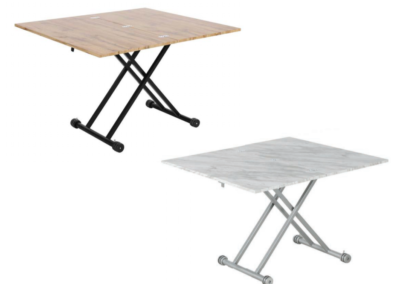 Mesa de centro-comedor de altura regulable. Acabado simil madera o mármol. Estructura metálica gris para mármol y negro para madera.