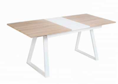 Mesa extensible de apertura sincronizada en simil madera roble con extensible central lacado en blanco. Patas y estructura metálicas en color blanco.