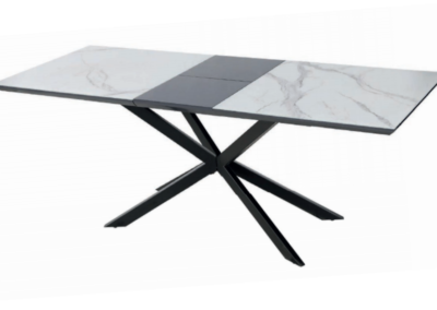 Mesa extensible de apertura sincronizada con sobre de piedra artificial efecto mármol. Extensible de color negro y patas metálicas negras.