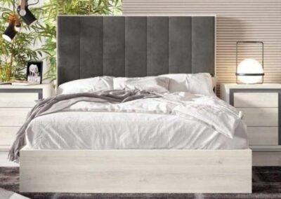 Dormitorio épiro tapizado en ónix en color blanco nordic combinado con gris tormenta. Mesita kap. Canapé elevable recto,.