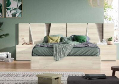 Dormitorio axios con led incluídos en color shamal combinado con stone rock. Mesita lux. Canapé elevable forma. Colores a elegir.