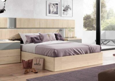 Dormitorio garona con led incluídos en color nude combinado con gris tormenta. Mesita ino. Canapé elevable forma. Colores a elegir.