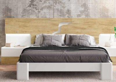 Dormitorio quios con led incluídos en color blanco mate combinado con bora. Mesita ino y bañera tipo P. Colores a elegir.