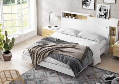 Dormitorio hebros en color blanco mate combinado con bora. Mesita lux con pata nórdica. Colores a elegir.
