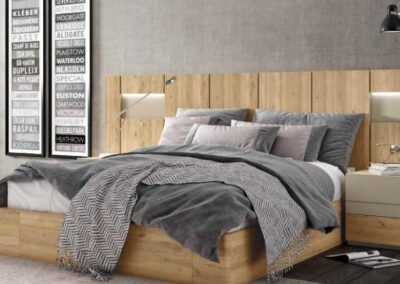 Dormitorio tarsus con led incluídos en color naturale combinado con vison chic. Mesita lux. Canapé elevable forma. Colores a elegir.