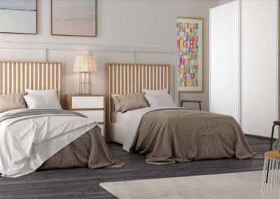 Dormitorio camas gemelas minix en color nogal combinado con blanco.