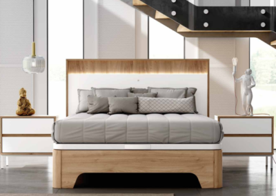 Dormitorio jota con led en color nogal combinado con blanco. Mesitas con patas plataforma metálica.