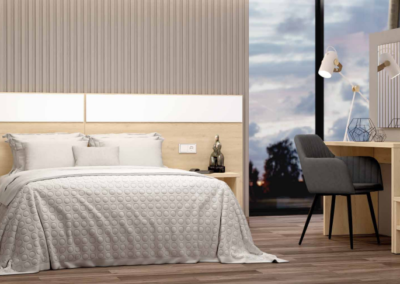 Dormitorio panel star a (elegir medida) con mesitas contract y mesa estudio y maletero a juego en color roble combinado con blanco.