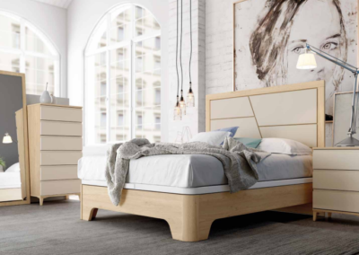 Dormitorio yoki en color roble combinado con perla con canapé elevable. colores y bancadas diferentes.