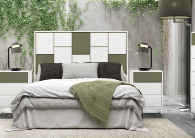 Dormitorio liddo blanco combinado con verde oliva. Mesitas con patas piramidales. Colores y patas en diferentes acabados.